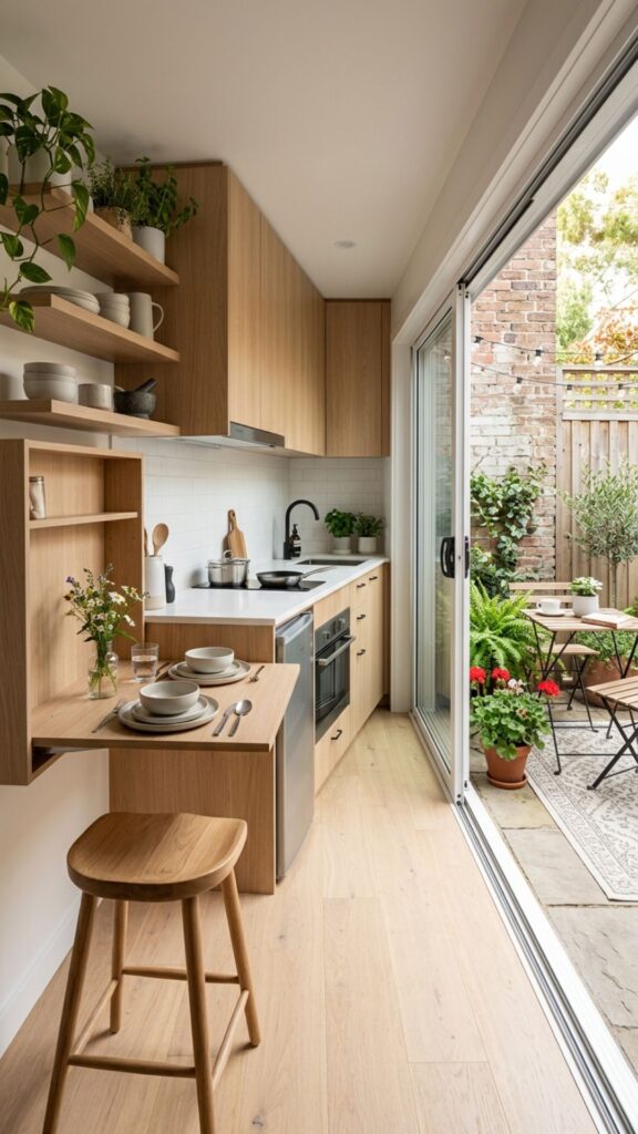 15. Small-Space Kitchen With a Single Slider and Fold-Down Counter