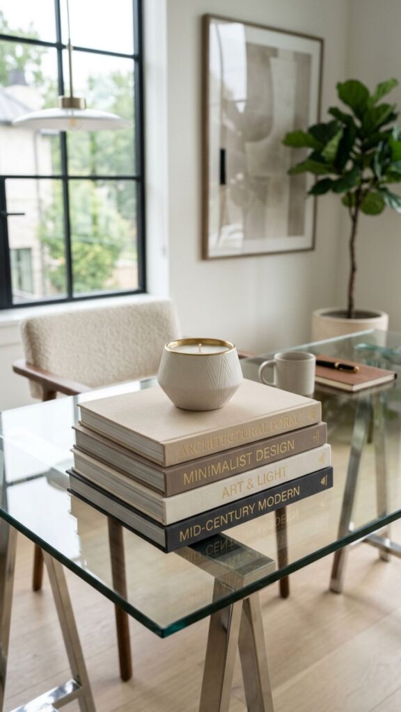 15. Style the Desk With Designer-Looking Coffee Table Books