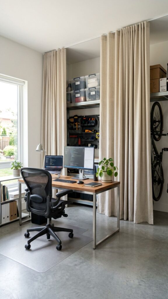 15. Use Curtains to Hide Garage Storage