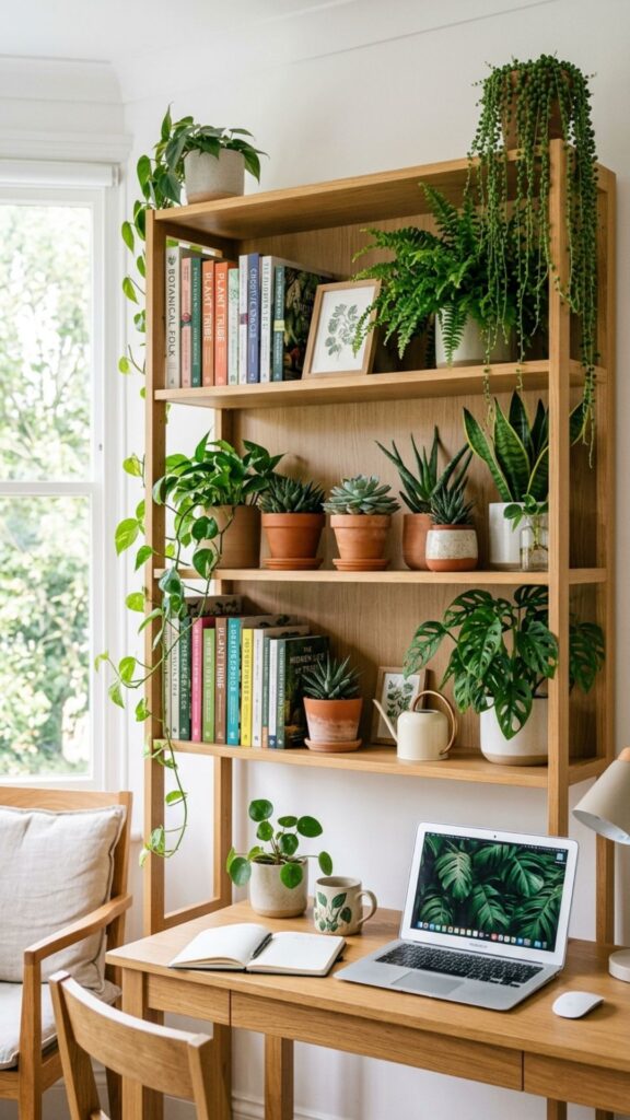 16. Add Plants to Your Bookshelf Design