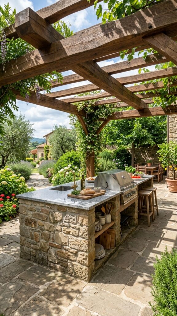 16. Build a Central Kitchen Island Beneath the Pergola