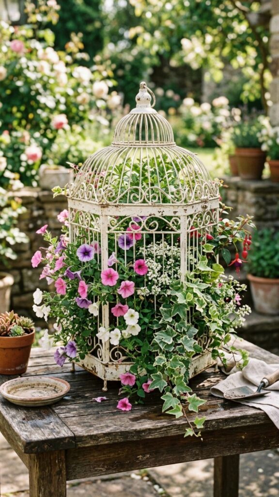 16. Decorate With a Birdcage Planter