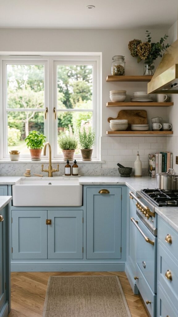16. Light Blue Cabinets With Brass Details