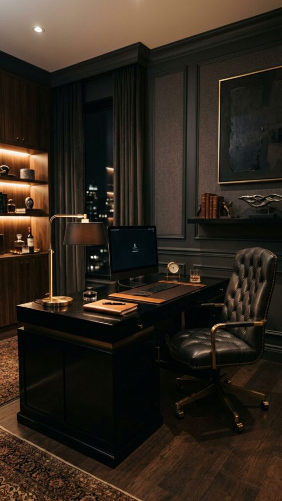 16. Use Dark Walls for a Dramatic Office Look