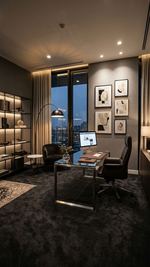 16. Use a Dark Carpet for a Dramatic Office Style
