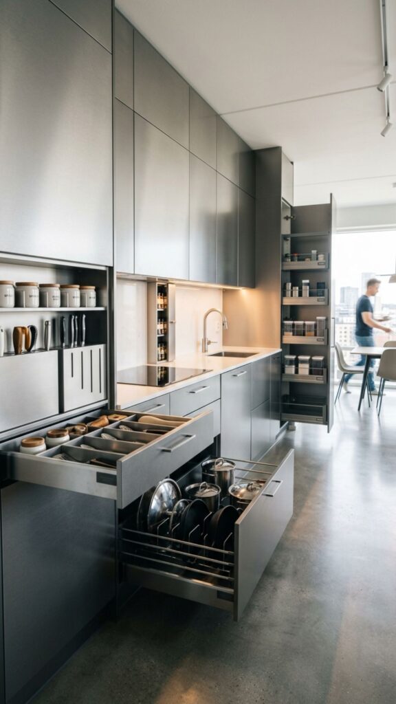 17. Aluminum Cabinets with Smart Storage Features