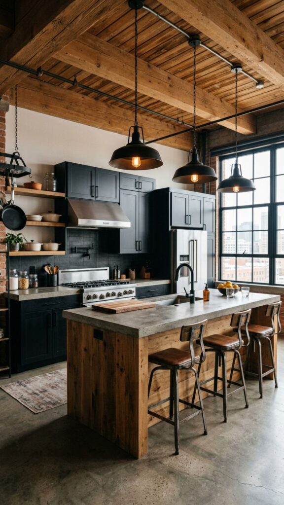 17. Black Cabinets With Concrete Countertops