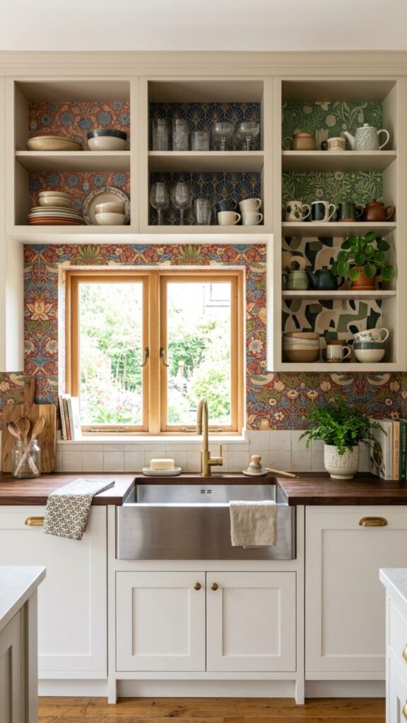17. Cabinets With Decorative Wallpaper Background