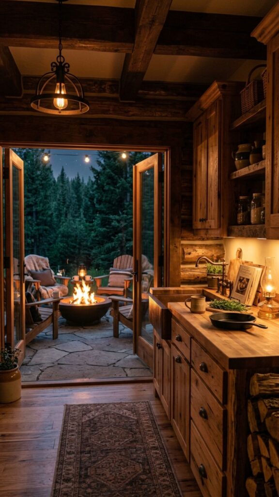 17. Cozy Cabin Kitchen With Glass Doors to a Fire Pit