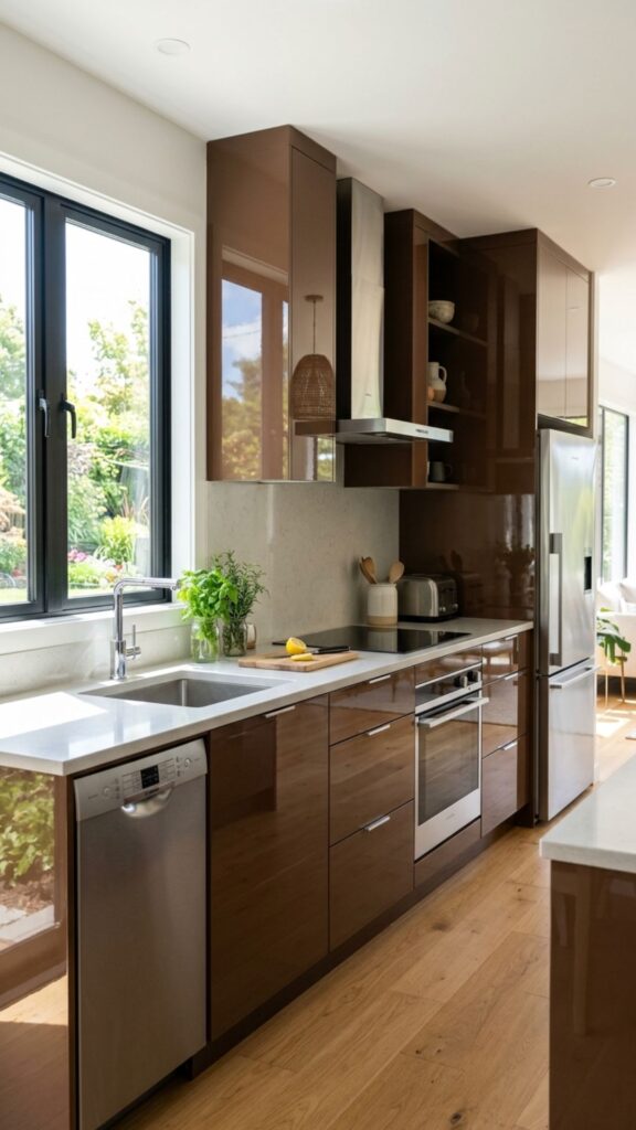 17. Glossy Brown Cabinets for a Modern Apartment