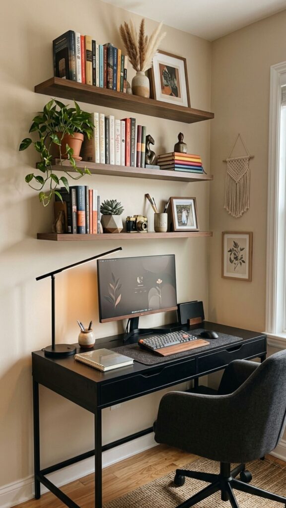 18. Add Floating Shelves Above Your Black Desk