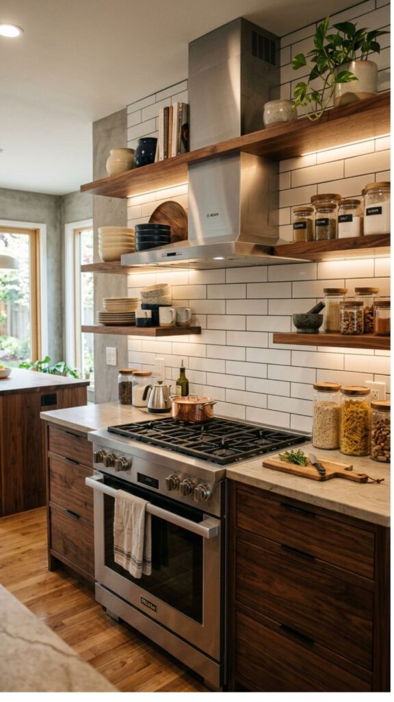 18. Add Wooden Shelves for Warmth