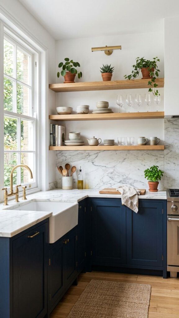 18. Blue Cabinets With Open Shelving
