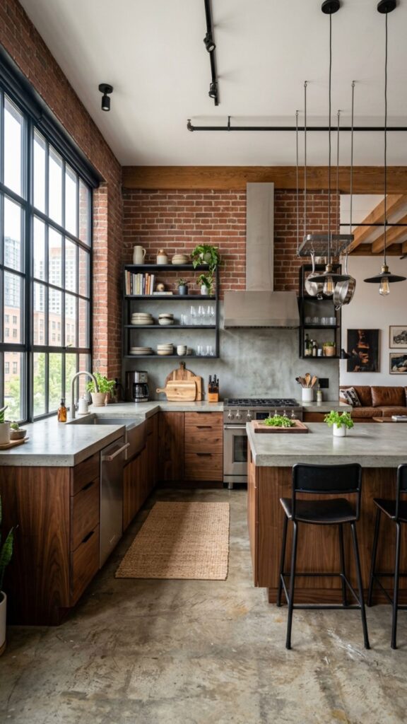 18. Brown Cabinets with Concrete Elements