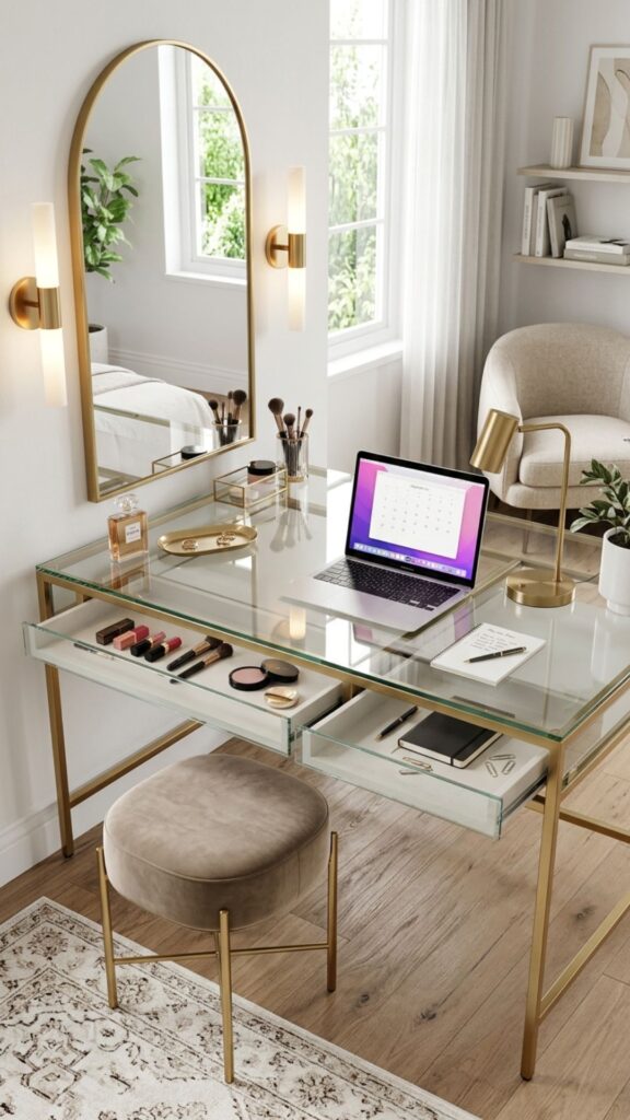 18. Create an Elegant Glass Desk Vanity-Office Combination