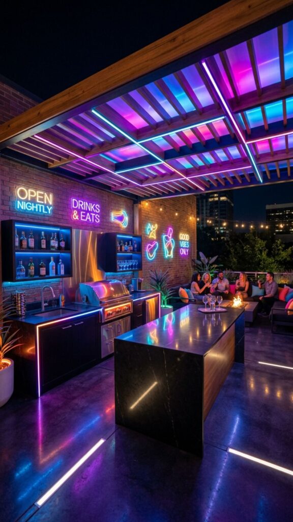 18. Nighttime Neon Lounge Kitchen