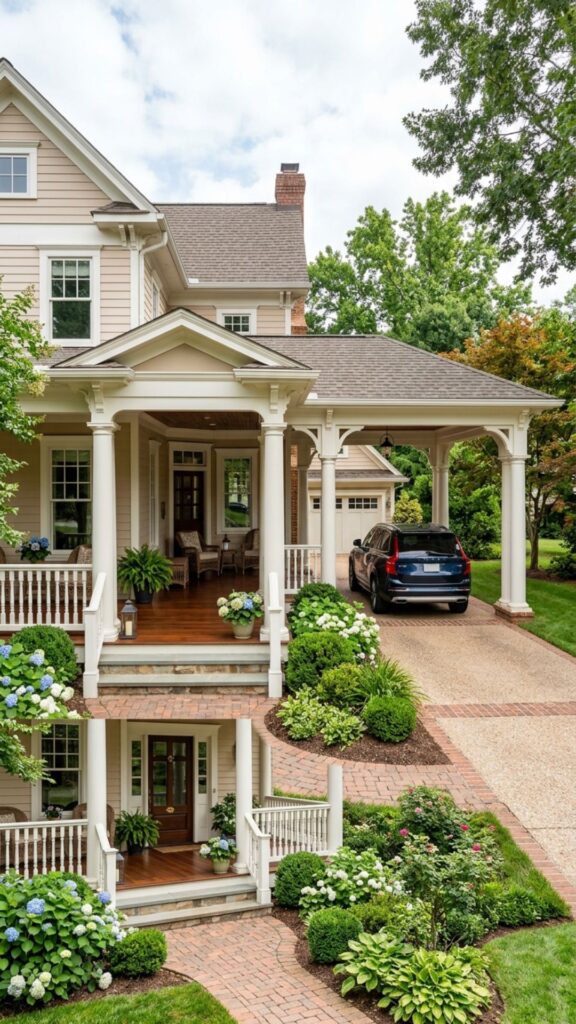 18. Traditional Porch With a Garage Portico