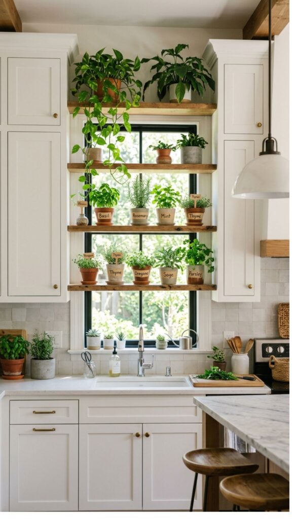19. Add Plants Between Window Cabinets