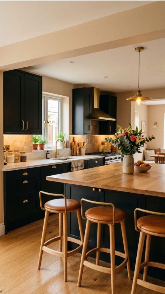 19. Black Cabinets With Warm Neutral Walls