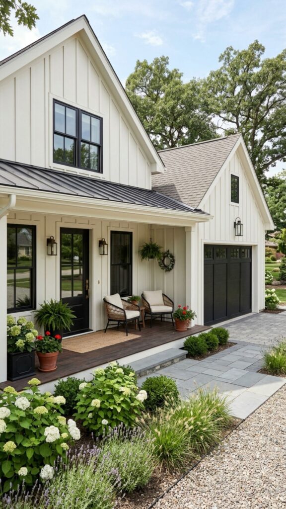 19. Board-and-Batten Porch With a Matching Garage