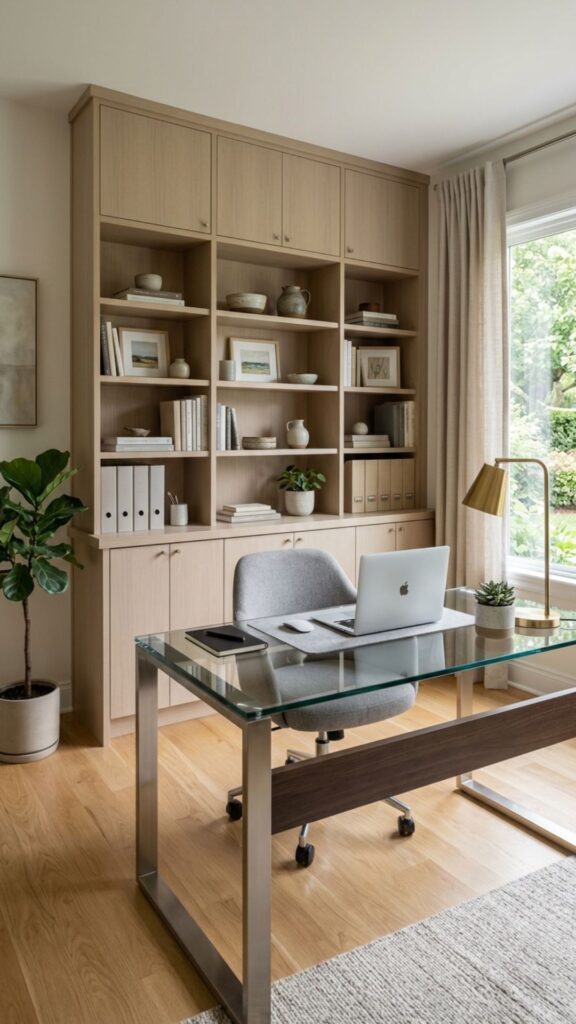 19. Use Matching Storage Behind the Glass Desk