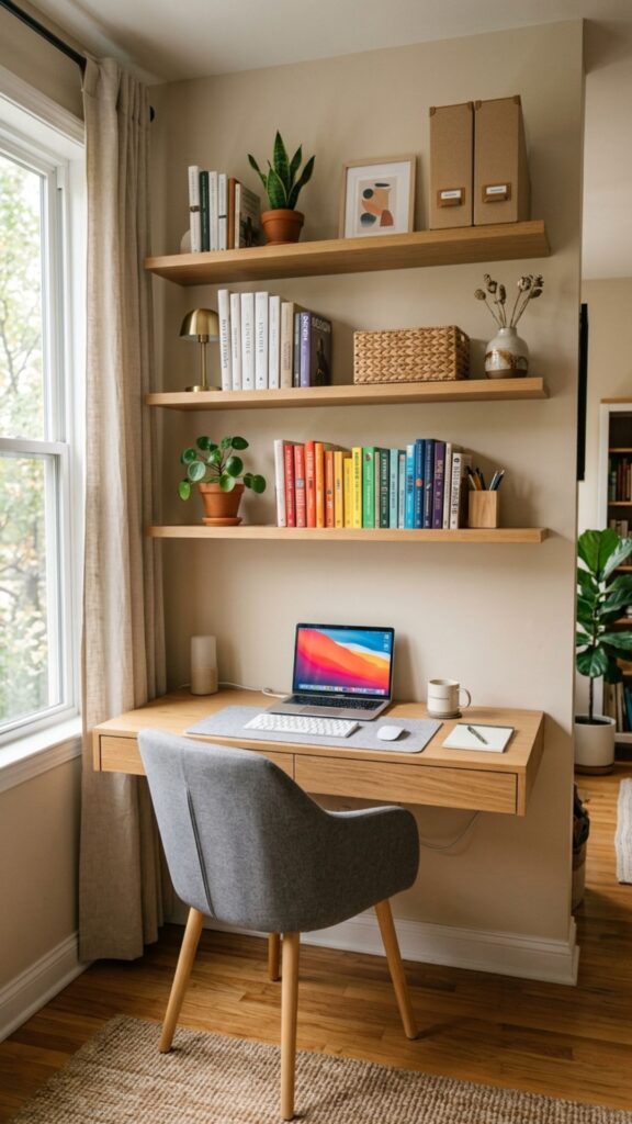 2. Add Floating Shelves Above Your Desk