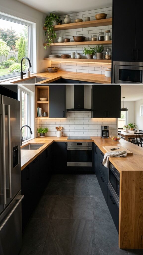 2. Black Cabinets With Wooden Accents