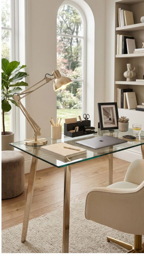 2. Choose a Glass Desk With Gold Legs