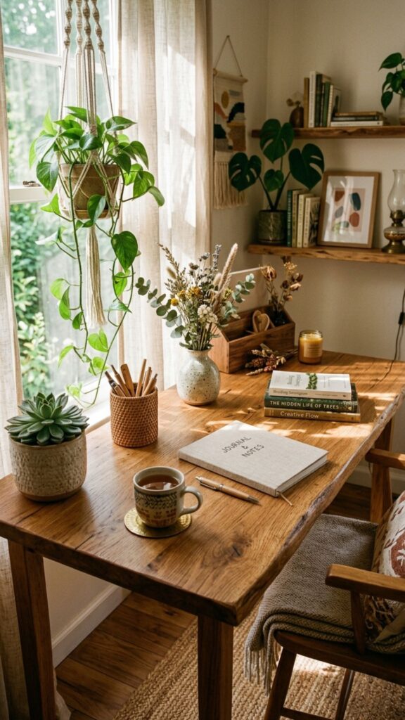 2. Choose a Natural Wood Desk for a Bohemian Feel