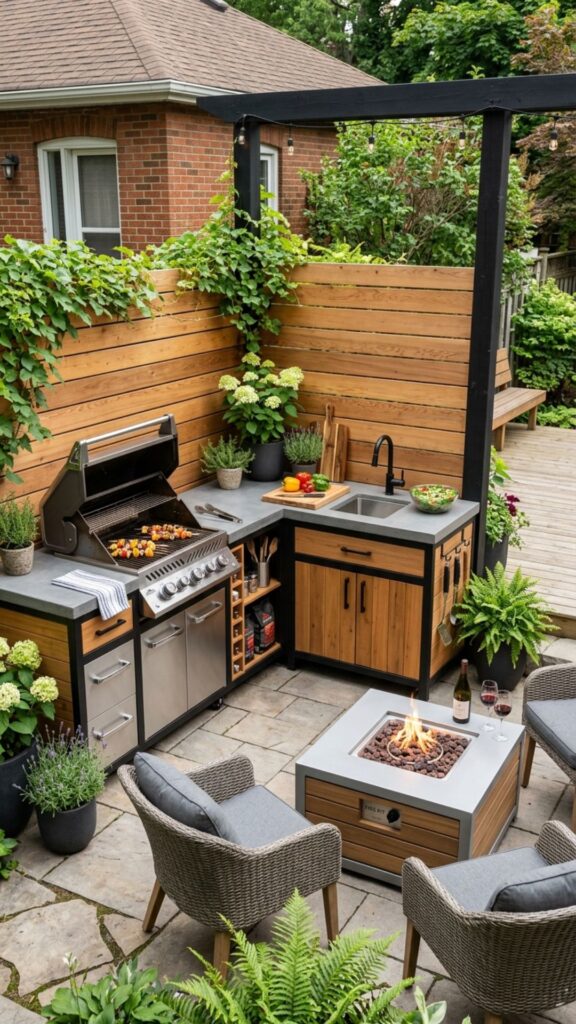 2. Compact Corner Kitchen for Small Yards