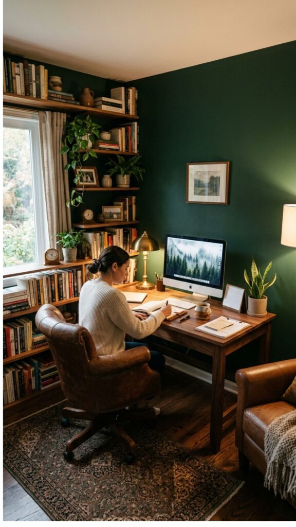 2. Pair Forest Green Walls With Warm Wood