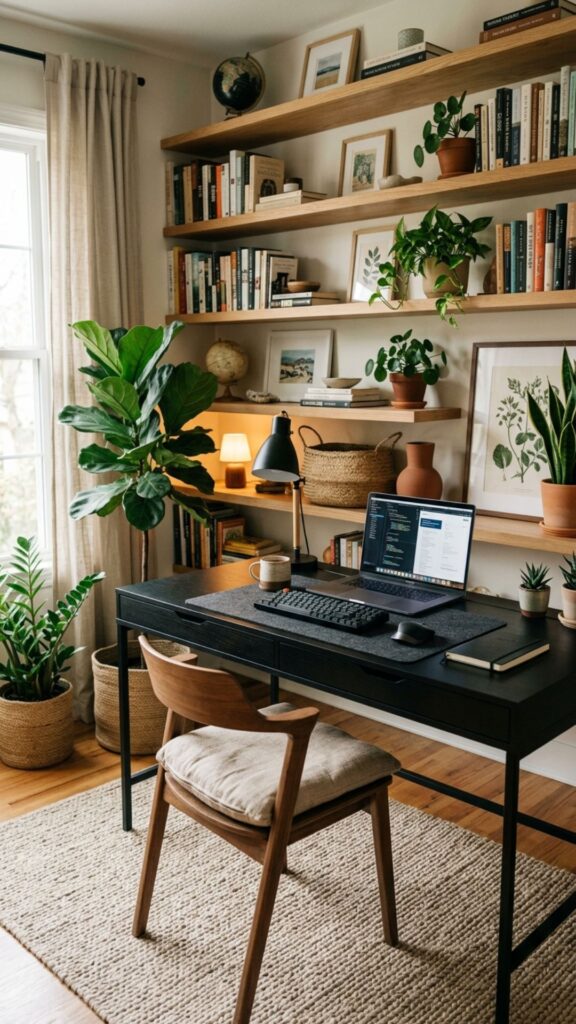 2. Pair a Black Desk with Natural Wood Elements