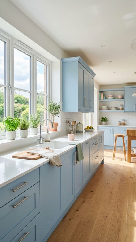 2. Soft Blue Cabinets For A Calm Kitchen