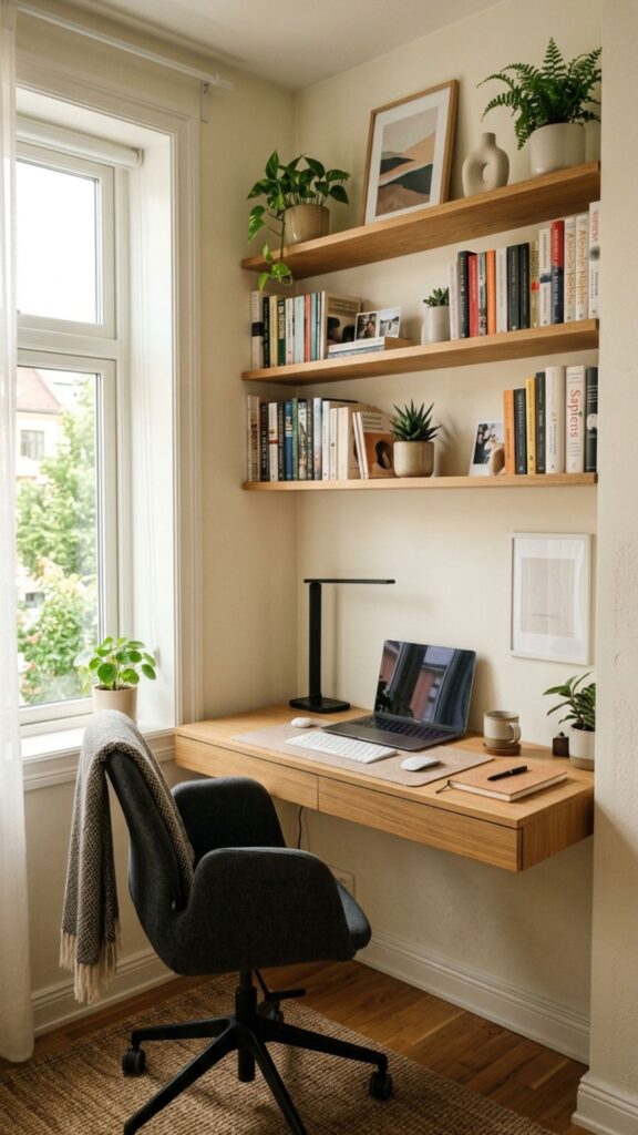 2. Use Floating Bookshelves for Small Home Offices