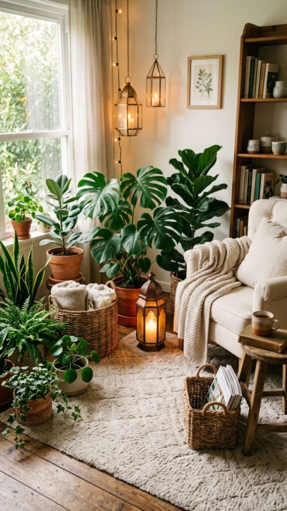 20. Blend Greenery With Cozy Décor