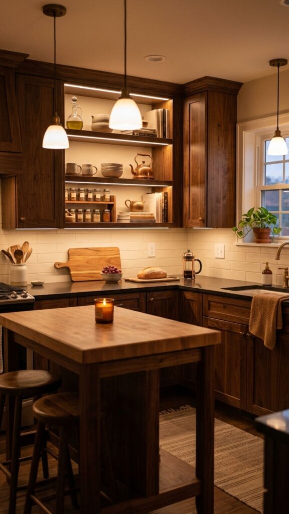 20. Brown Cabinets with Warm Lighting