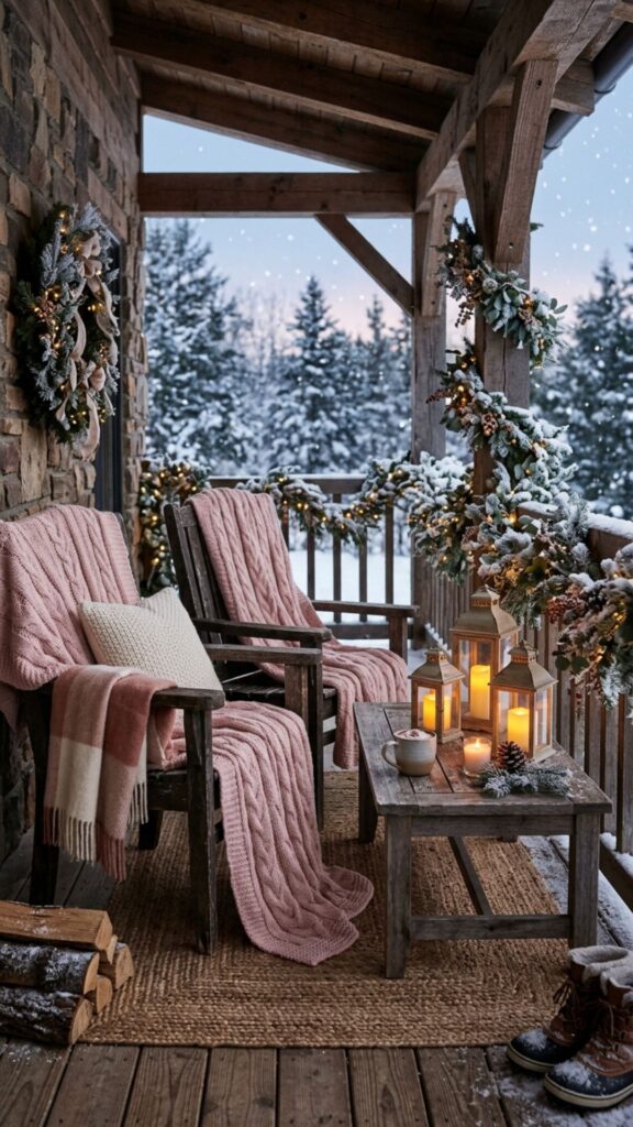 20. Cozy Up Winter With Blush Blankets and Greenery