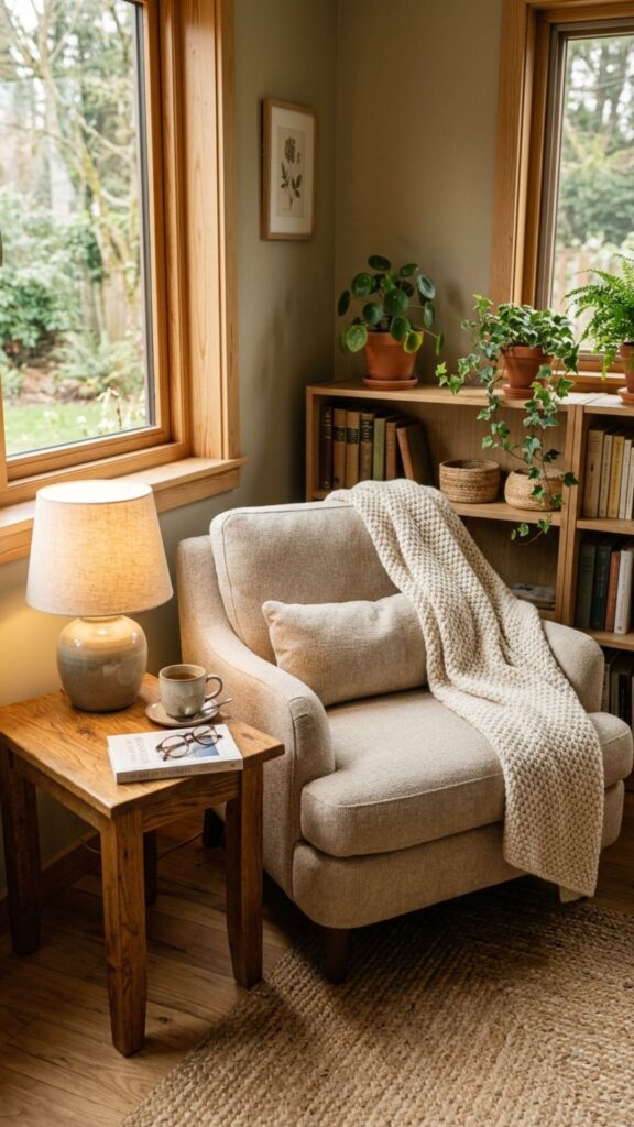 20. Create a Cozy Earth-Tone Reading Corner