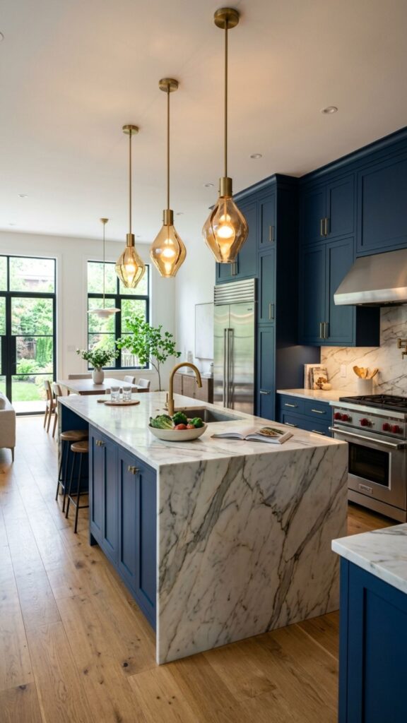 20. Luxury Blue Cabinets With Statement Lighting
