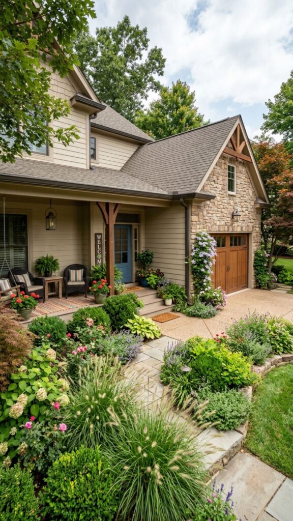 20. Porch With Landscaping That Softens the Garage