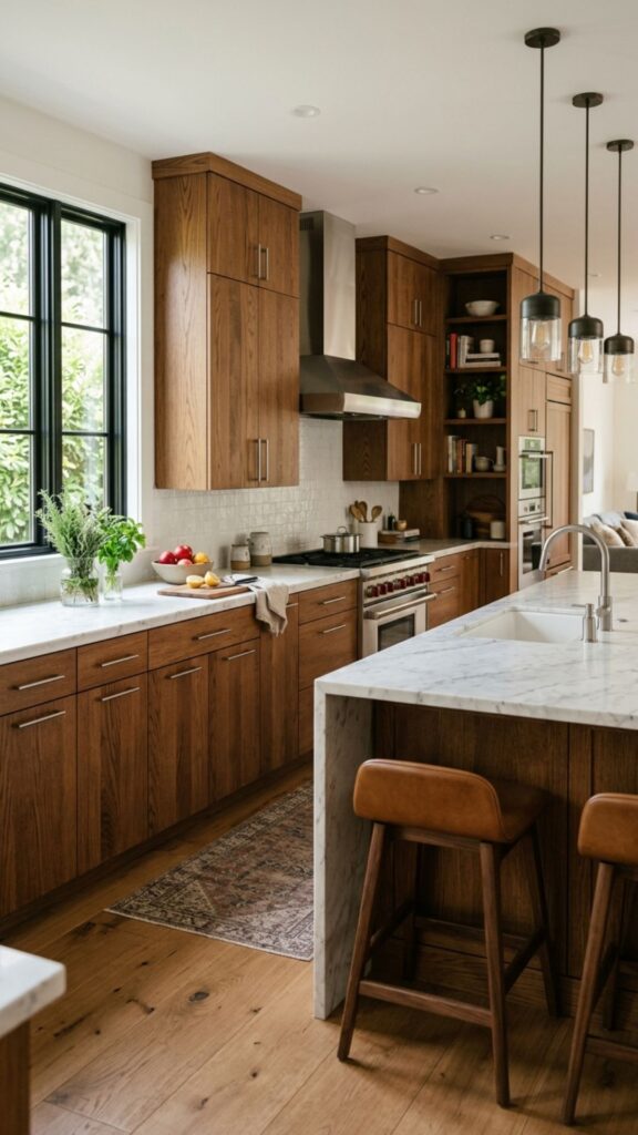3. Brown Cabinets with Marble Countertops