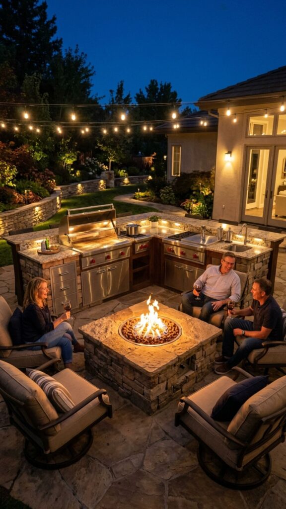 3. Built-In BBQ Island With a Central Fire Pit