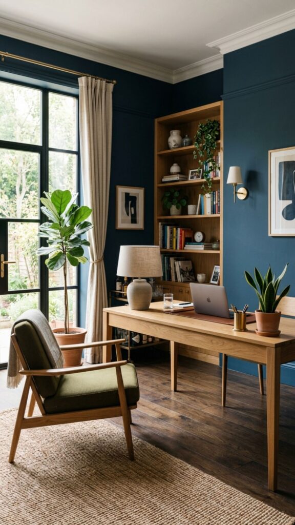 3. Combine Blue Walls With Wooden Furniture