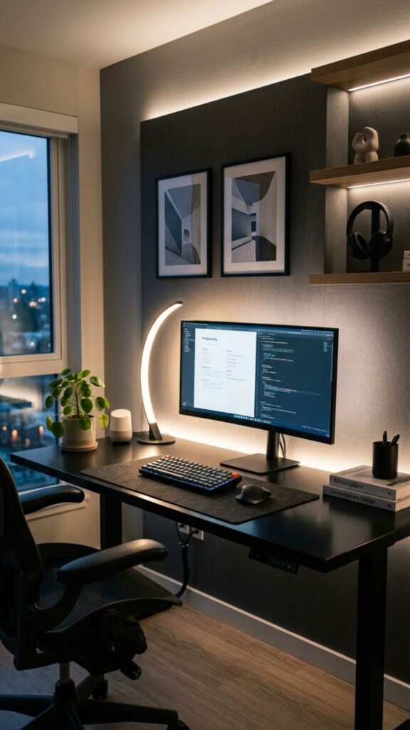 3. Design a Modern Black Desk Office with LED Lighting