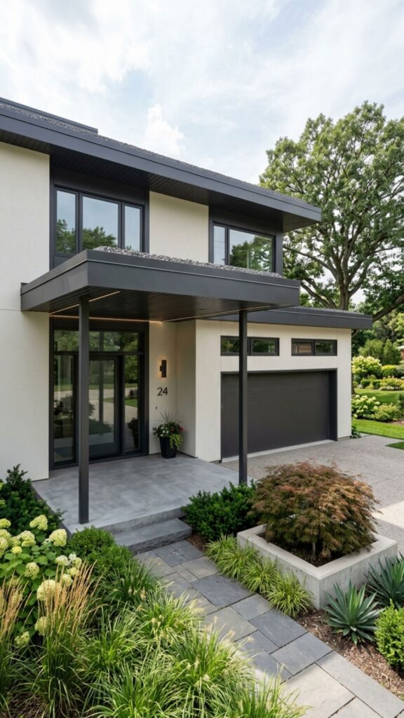 3. Modern Flat-Roof Porch With a Matching Garage
