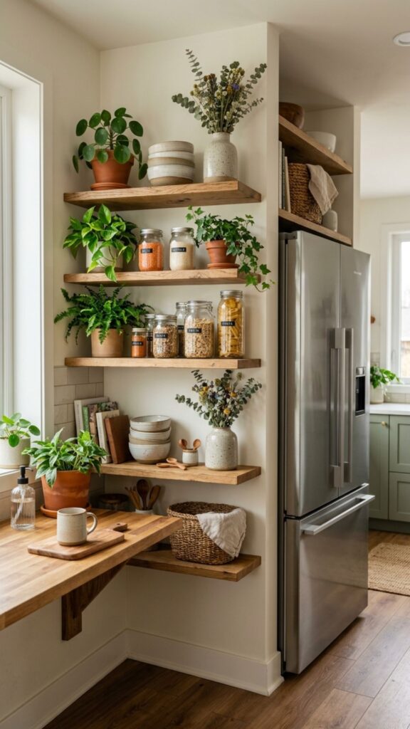 3. Open Shelves Beside the Refrigerator