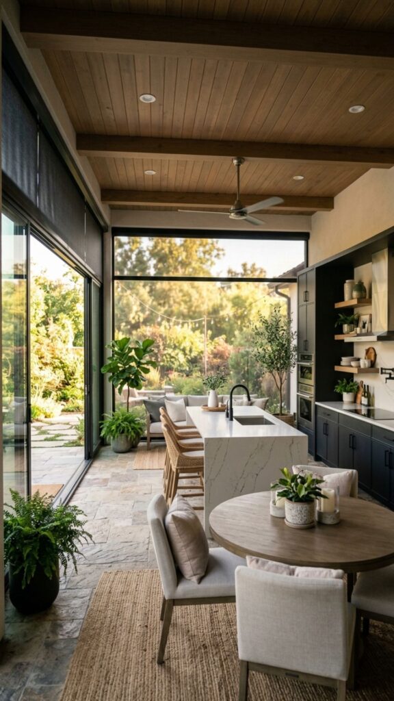 4. A Covered Patio Kitchen With Retractable Screens