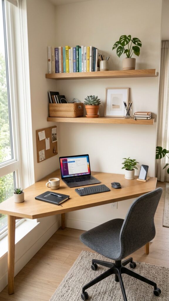 4. Add Wall Shelves Above Your Corner Desk