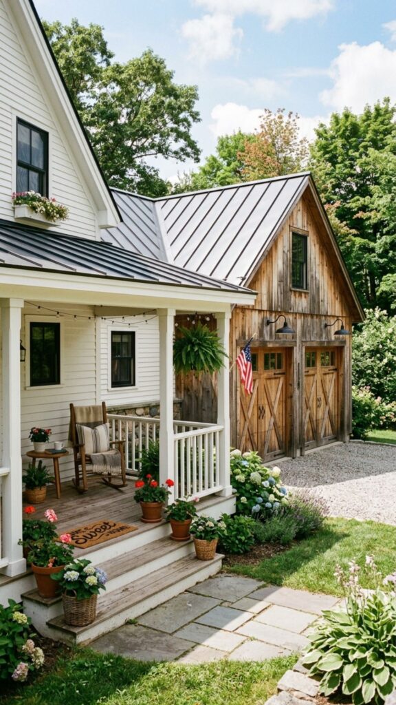 4. Farmhouse Porch With Barn-Style Garage Doors