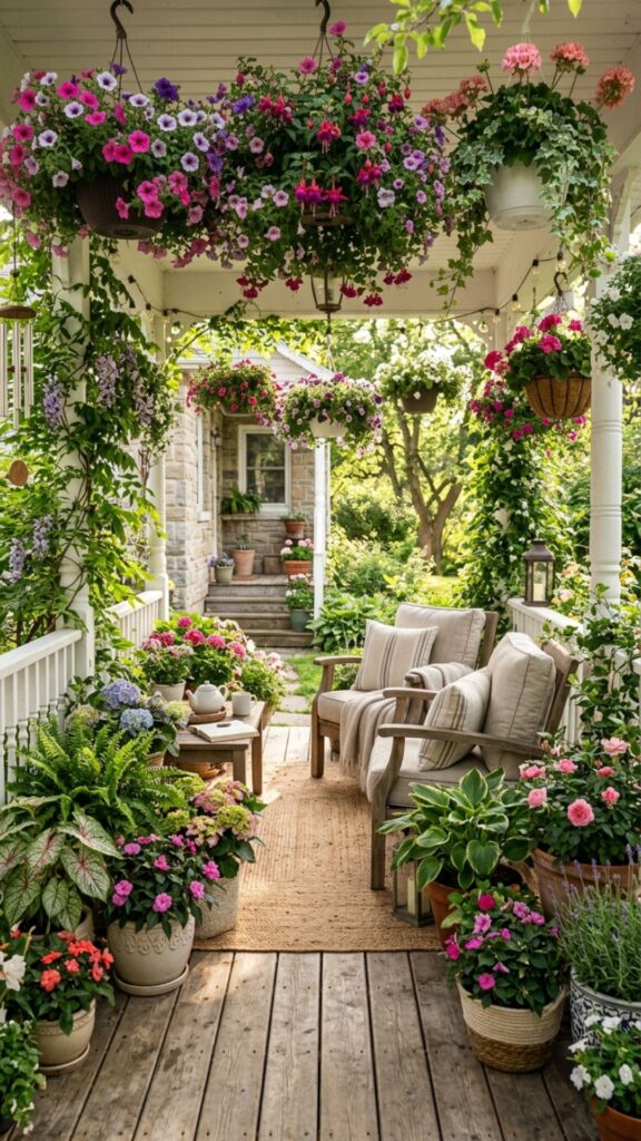 4. Hanging Baskets Paired With Floor Pots
